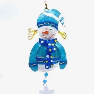 Hand Forged Metal Snowman With Blue Hat and Scarf